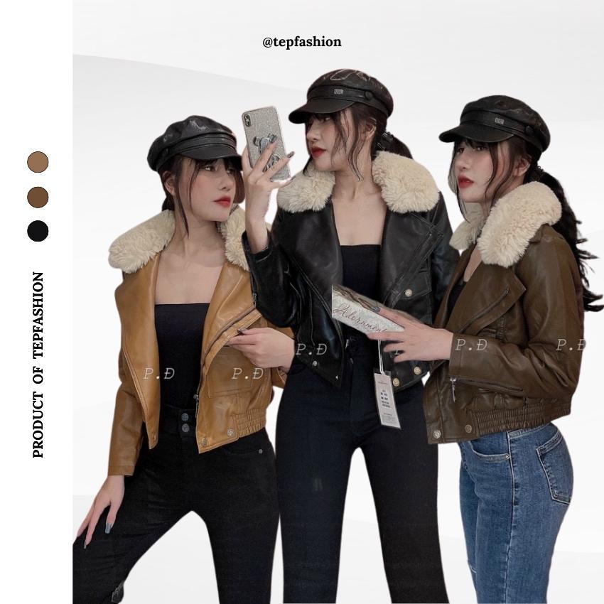 Áo Da Nữ Cổ Lông Quảng Châu Cao Cấp Có Túi 3 Mầu Đen , Nâu , Nude Tep Fashion ADN91022