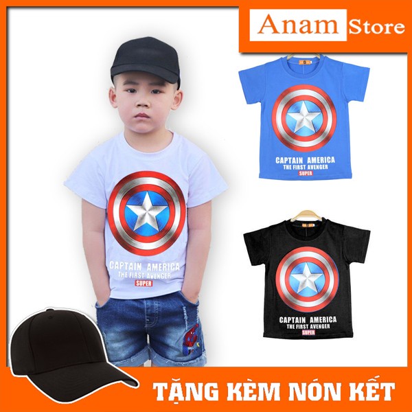 Áo thun trẻ em Đội Trưởng Mỹ, Tặng kèm nón kết, Có size người lớn, Anam Store