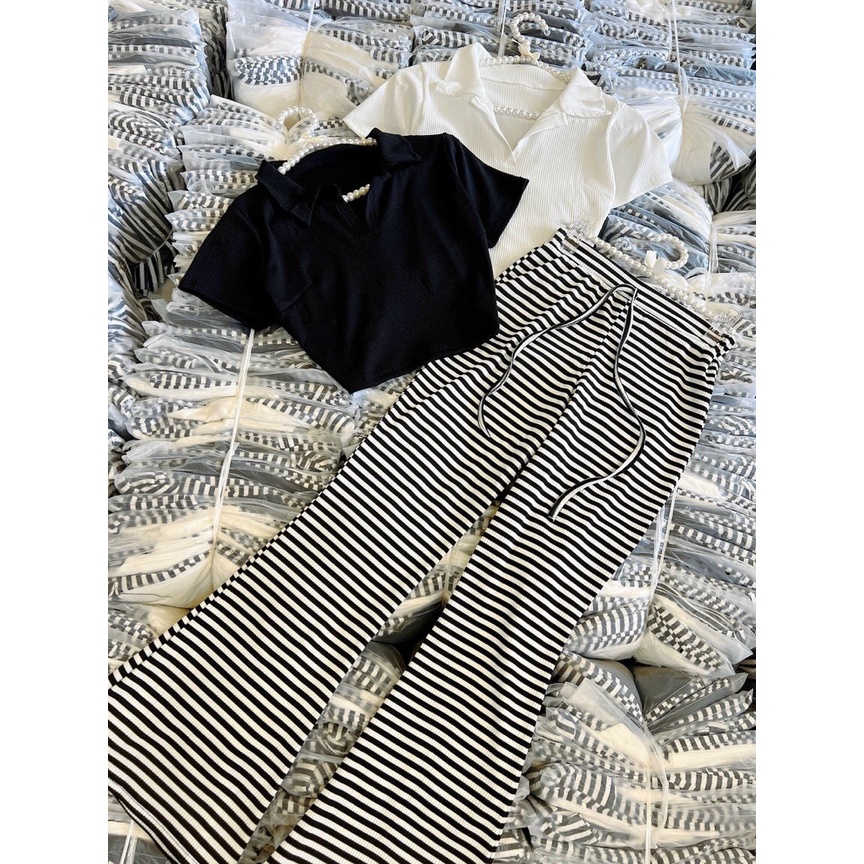 sét bộ gân quần kẻ sọc phối áo cổ trụ ngắn tay