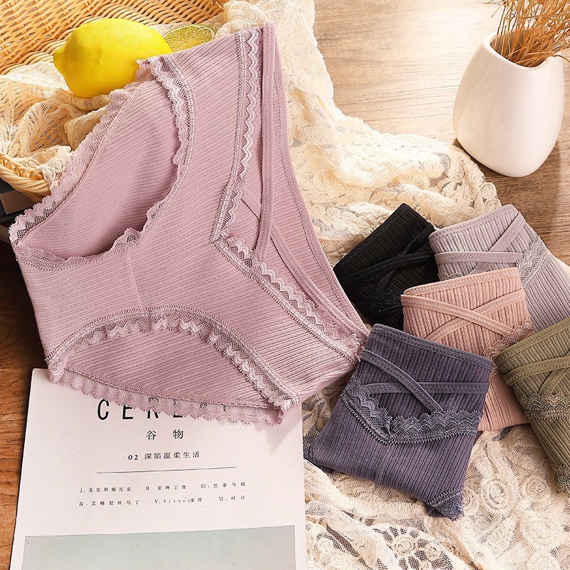 Quần Lót Nữ Cotton Gân Tăm Viền Ren Dây Chéo Cực Sexy 027