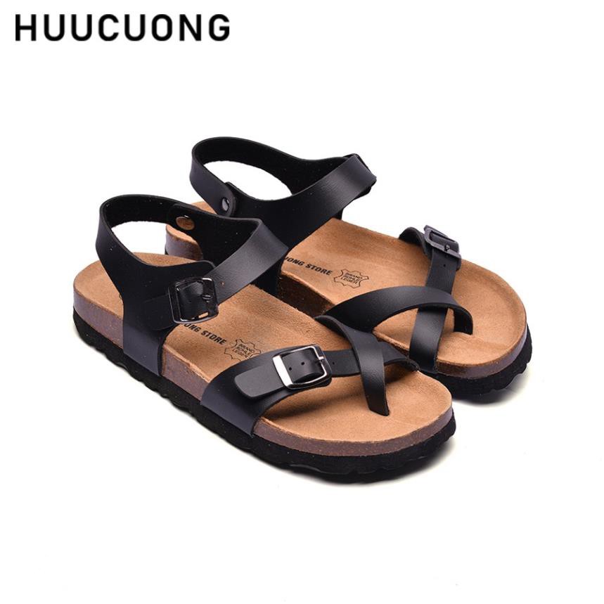 Giày Sandal Unisex Huucuong xỏ ngón màu đen đế trấu