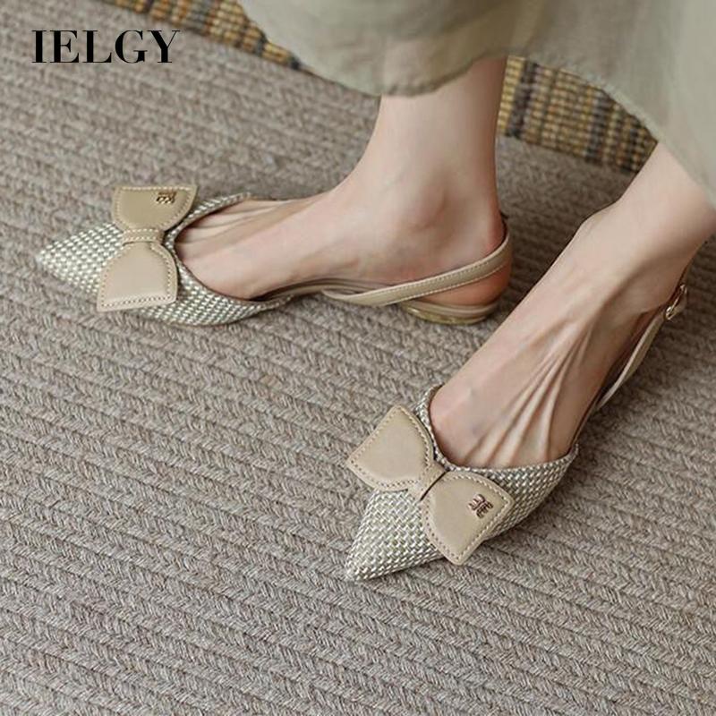 IELGY Xăng đan Đế Thấp Mũi Nhọn Đính Nơ Phong Cách Hàn Quốc Cho Nữ