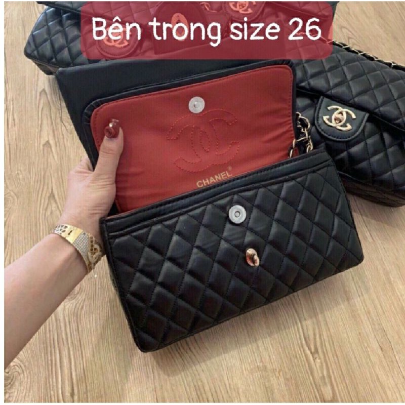 Túi xách nữ classic size 26 thêu ô lót đỏ nhiều ngăn