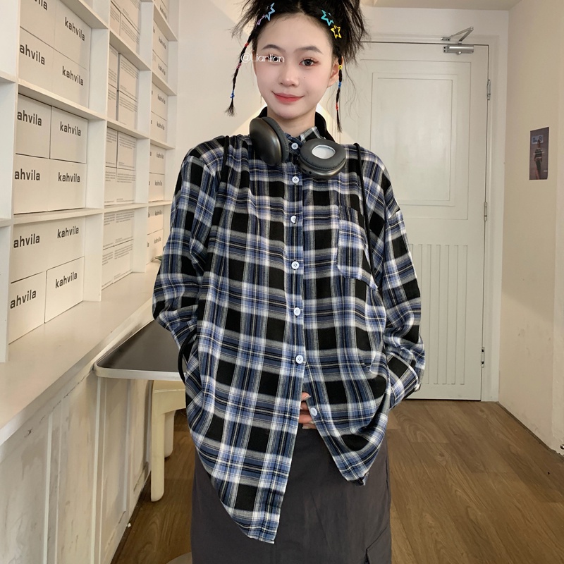 SUXI Áo Sơ Mi Tay Dài Dáng Rộng Họa Tiết Kẻ Sọc Phong Cách Hàn Quốc Thời Trang Mùa Hè Cho Nữ