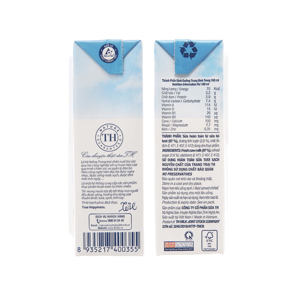 [CHÍNH HÃNG] Sữa Tươi Tiệt Trùng TH True Milk Ít Đường Thùng 48 Hộp x 180ml