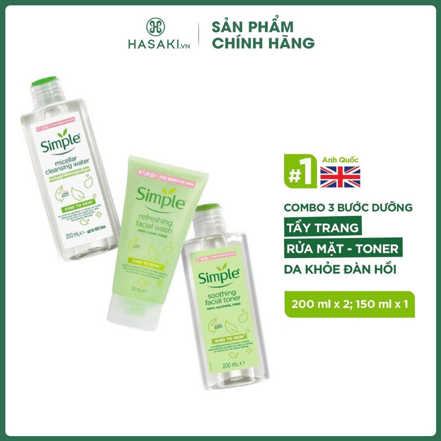 Combo Simple | Tẩy trang 200ml + Sữa rửa mặt 150ml + Nước cân bằng 200ml cho da sạch khỏe đàn hồi - Hasaki - Chính hãng