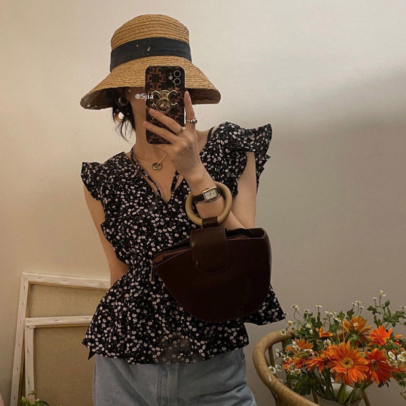 Áo Sơ Mi Không Tay Viền Nhún Bèo Họa Tiết Hoa Phong Cách Hàn Quốc