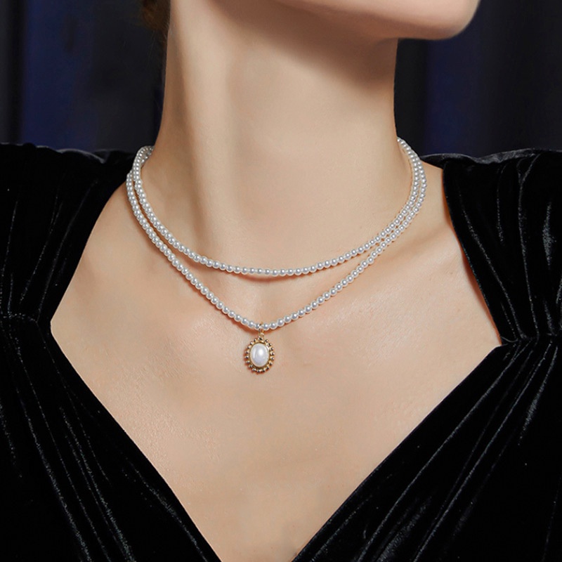 Vòng Cổ Hai Lớp Đính Hạt Ngọc Trai Phong Cách Cổ Điển Thời Trang 2022