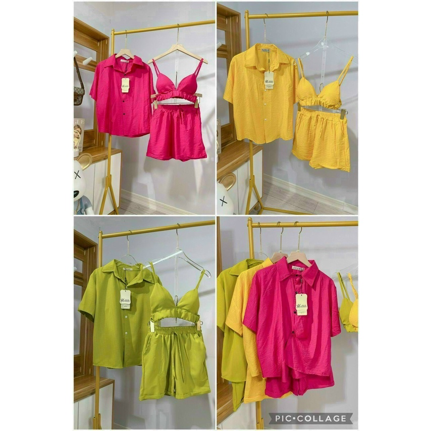 Sét bộ đồ nữ 3 món đi biển gồm 1 áo 2 dây bên trong ( có mút ) phối áo sơ mi ngoài mix quần cộc ống rộng vải mát