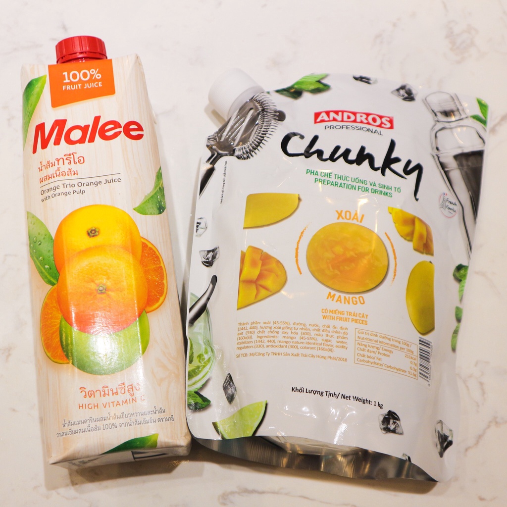 Bộ đôi Nước ép Cam Malee chai 1L và sinh tố Chunky Xoài 1kg. Hàng công ty có sẵn giao ngay