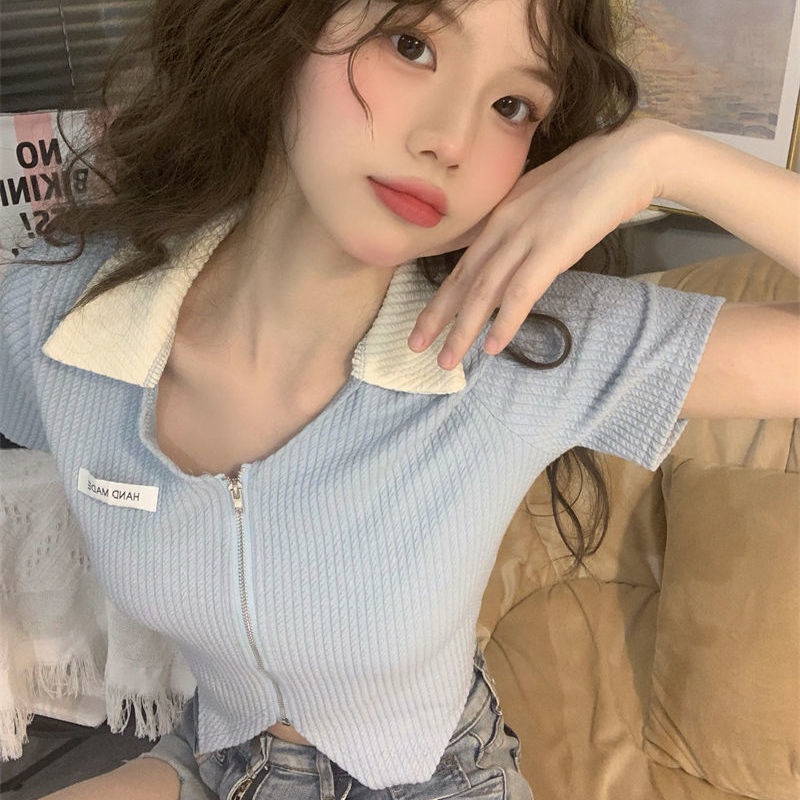 Áo crop top Dệt Kim Cộc Tay Có Khóa Kéo Cho Nữ JL-TX-515