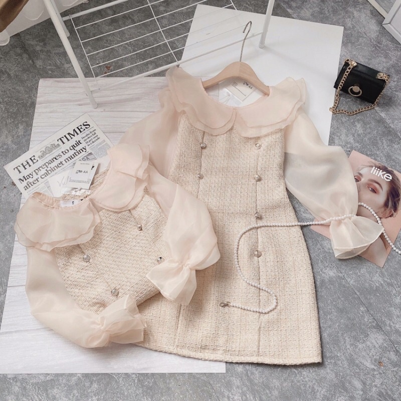 Váy Dạ Nữ 2 Lớp Tay Dài Phối Tơ Màu Be Siêu Xinh | BigBuy360 - bigbuy360.vn