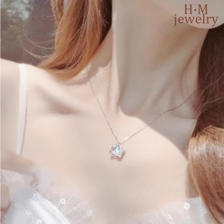 Vòng cổ Bạc 925 Mặt Hình Ngôi Sao Mặt Trăng Lấp Lánh Thiết Kế Mới