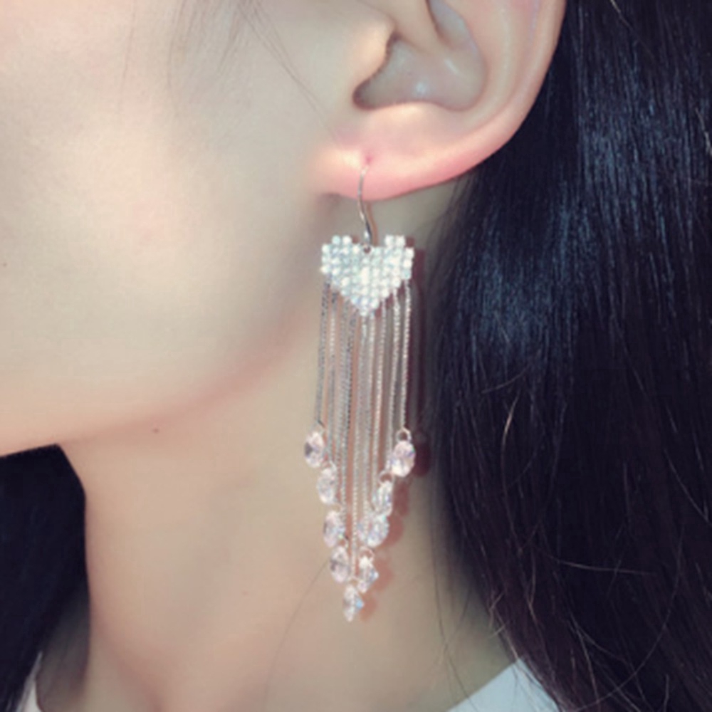 Fashion Women Long Super Flash Diamond Heart Temperament Tassel Earrings Jewelry