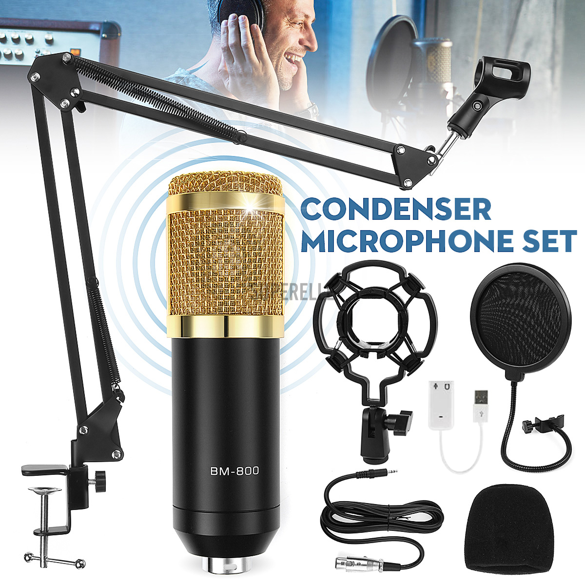 BM800 Condenser Microphone Live Studio Vocal Recording Mic Mount Boom Stand Kit