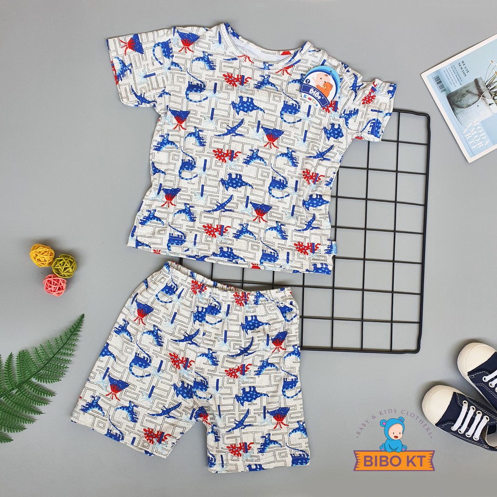 Bộ cổ viền tay ngắn cotton lụa mát mềm họa tiết Khủng Long Lego xinh xắn Bibo Kim Thu size 1-5 (6-18kg)