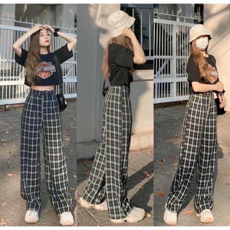 Quần Cullotes Kẻ Caro Khuy Giả  Quần Suông Ống Rộng Kẻ Sọc Dáng Dài Cạp Cao SIÊU HOT