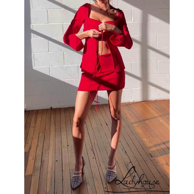 Bộ Áo Tay Dài + Chân Váy Lưng Cao Mini Màu Trơn Thời Trang Mùa Hè Cho Nữ