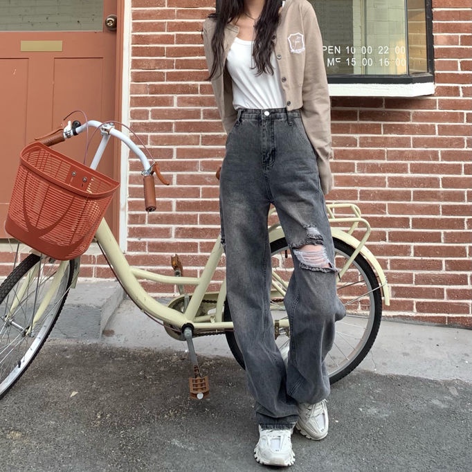 COZOKC Quần Jean Rách Lưng Cao Form Ôm Theo Phong Cách retro Dễ Phối Đồ