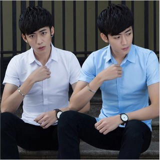 COMBO 2 áo sơ mi Nam ngắn tay cổ trơn Xanh lam và trắng