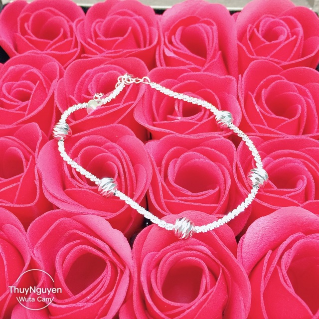 Lắc tay dây xù bông phối bi phay bạc thật mạ vàng trắng (xi kim)