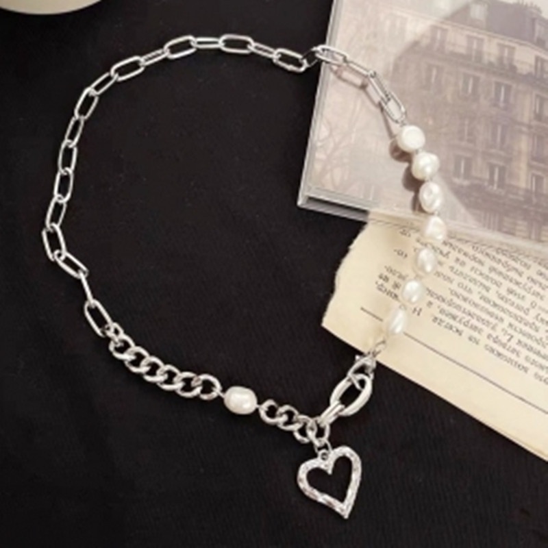 Vòng cổ Thép Không Gỉ Mặt Hình Trái Tim Đính Ngọc Trai Phong Cách Hàn Quốc