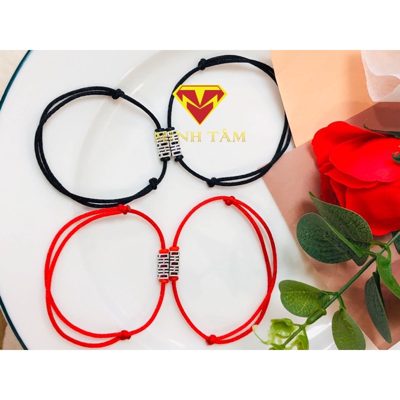 Vòng tay đôi bạc chữ Hỷ,Vòng tay đôi bạc charm uyên ương chữ Hỷ-Minh Tâm Jewelry