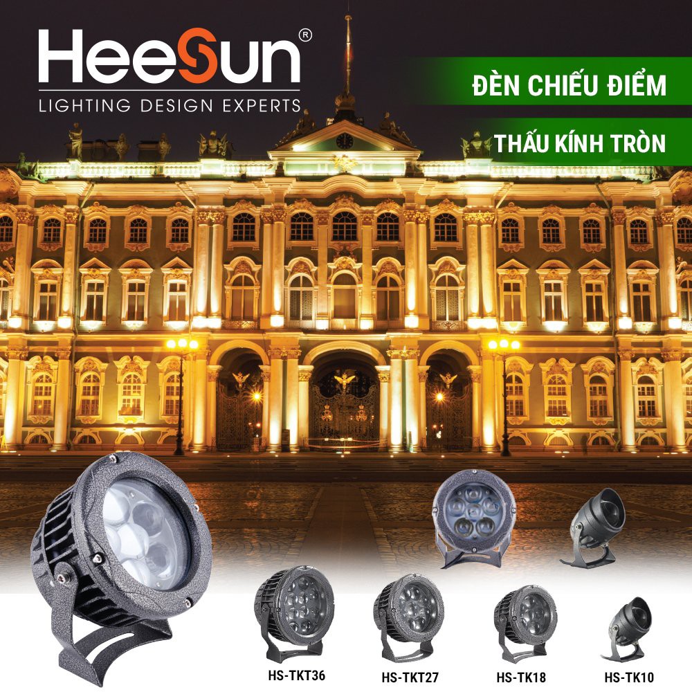 Đèn led chiếu điểm ngoài trời thấu kính tròn HeeSun, mã ản phẩm HS-TKT, công suất từ 10w-18w-27w-36w