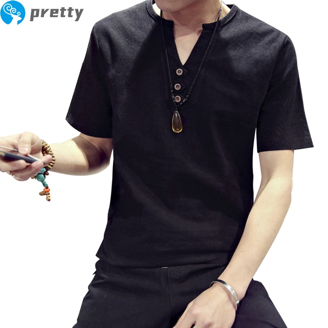 Jazeel Men T-shirt Cotton And Linen Solid Color Cotton V-neck Short-sleeve T-shirt