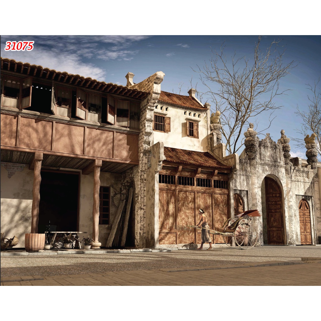 Tranh lụa 3D trang trí quán ăn, quán nướng phong cách Hà Nội cầu Long Biên, đường phố, làng mạc xưa hình ảnh chân thật