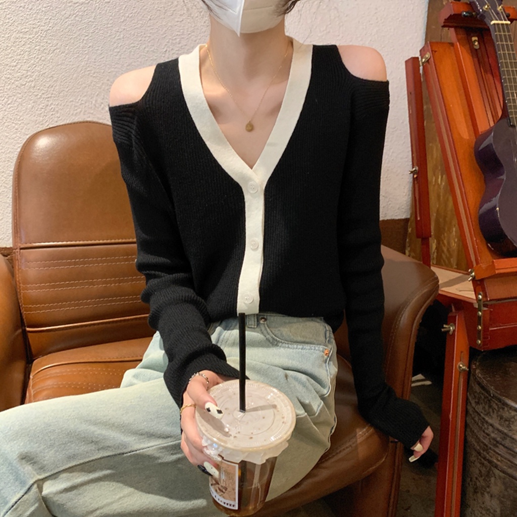 ZHELIHANGFEI Áo Cardigan Dệt Kim Tay Dài Cổ Chữ V Lưng Cao Gợi Cảm