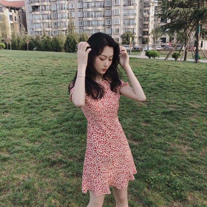 Đầm hoa cổ tròn dáng chữ A thiết kế mới thời trang mùa xuân theo phong cách hàn quốc