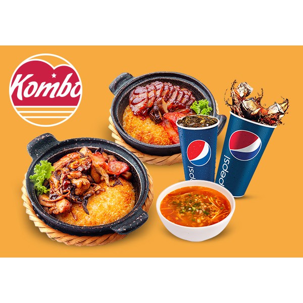 Hà Nội [Evoucher] Set 2 người: 1 cơm Gà nấm + 1 cơm thịt sốt BBQ+ 2 pepsi+ 1 canh chua tại NH Kombo - Cơm niêu Singapore