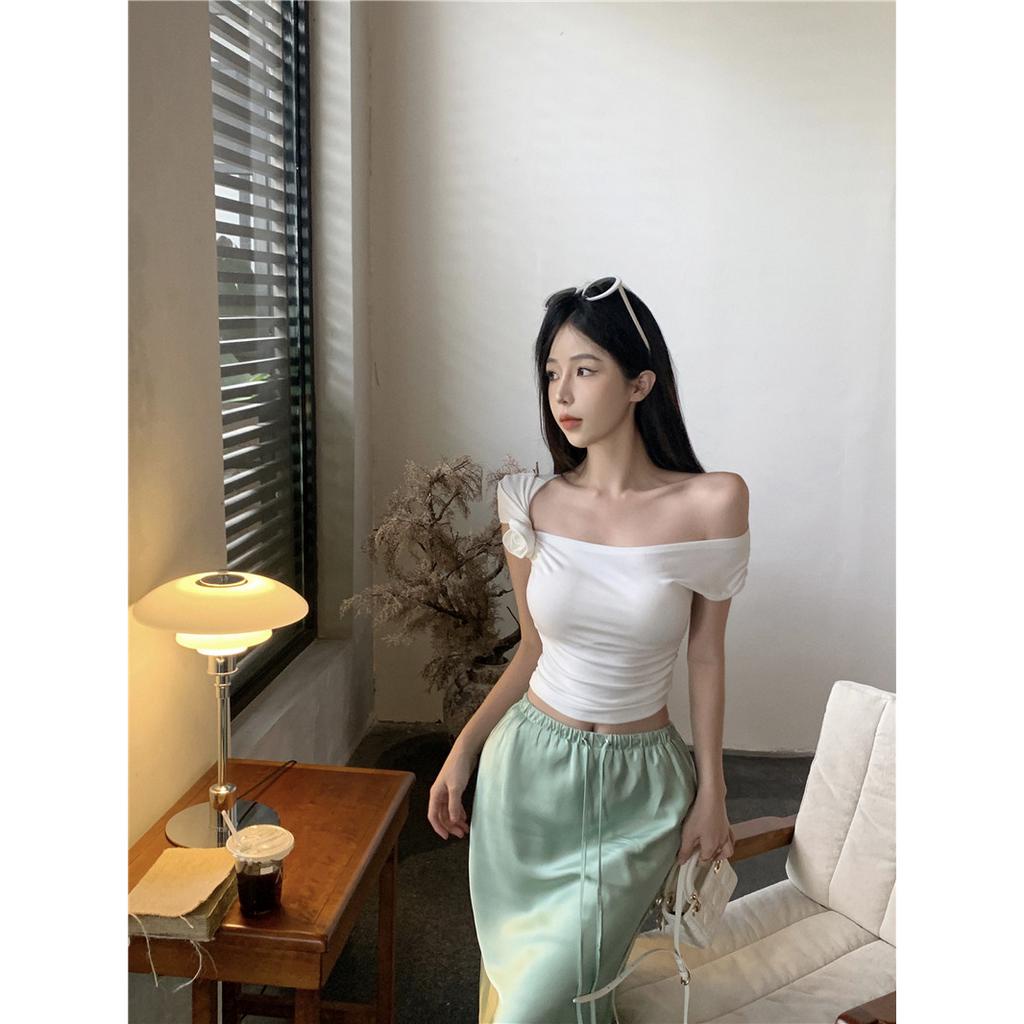 Áo Thun Croptop Dệt Kim Trễ Vai Màu Trơn Dáng Ôm Thời Trang Mùa Hè Xinh Xắn Cho Nữ