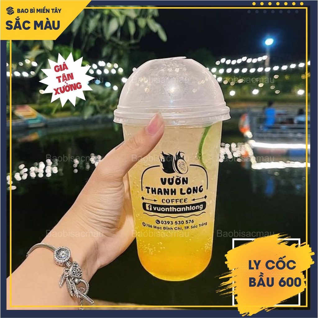 Sỉ 50 cốc nhựa/ ly nhựa đáy bầu 600 kèm nắp