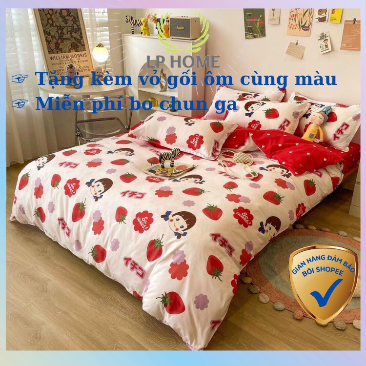 Bộ chăn ga gối Poly Cotton Cô gái dâu đỏ (Tặng vỏ gối ôm) - Miễn phí bo chun mọi kích thước