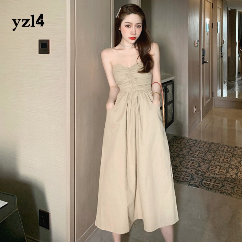 Đầm Hai Dây Xếp Ly Lưng Cao Thời Trang Du Lịch Quyến Rũ Cho Nữ