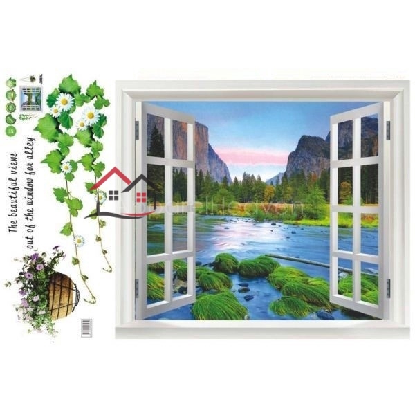 Đề can PVC dán tường in hình cửa sổ và phong cảnh 3D trang trí nhà cửa