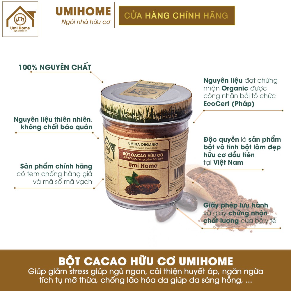 Combo Đắp Mặt Nạ Cấp ẩm Giúp Da Căng Khỏe UMIHOME gồm Dầu Cám Gạo 10ml và Bột Cacao 125g hữu cơ