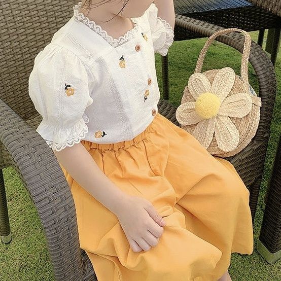 Bộ Áo Sơ Mi Thêu Họa Tiết 2022 + Quần Dài Phong Cách Hàn Quốc Mới Cho Bé Gái