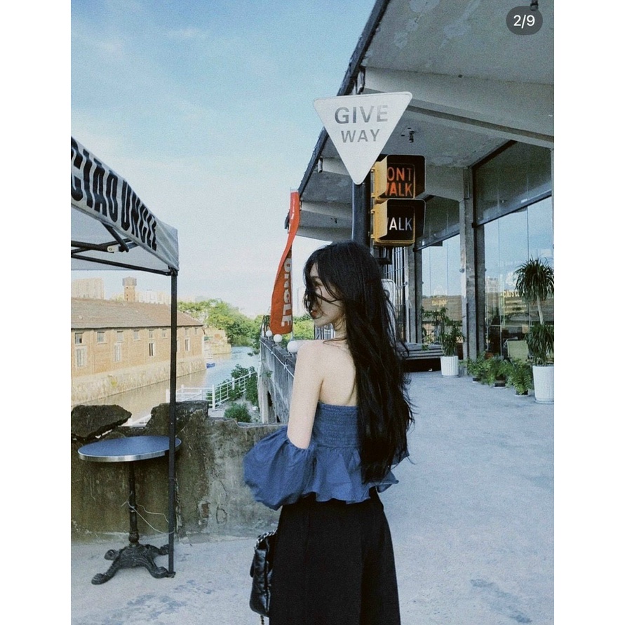 ÁO CROPTOP PEPLUM XANH XẾP NGỰC RỚT TAY PHỒNG