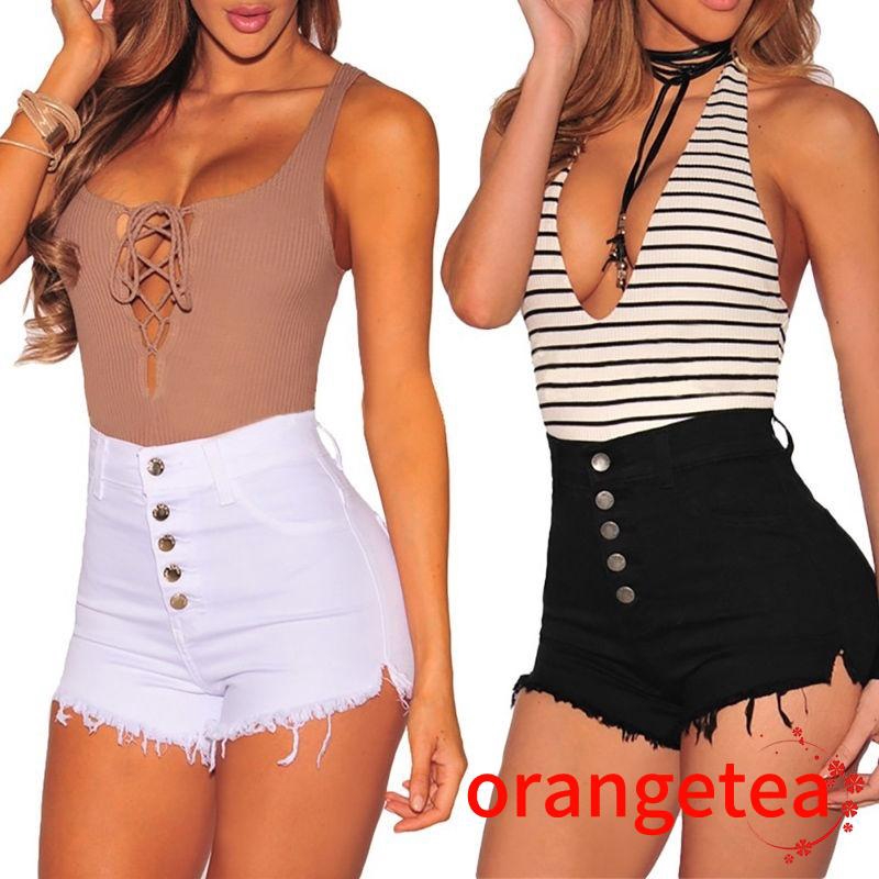 Quần short jean rách cạp cao cho nữ