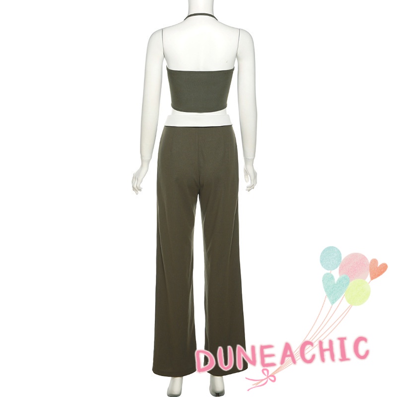 DUNEA Set đồ gồm áo 2 dây lửng và quần dài ống rộng lưng cao thời trang dành cho nữ