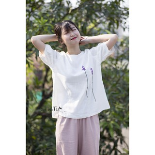 Áo kiểu nữ xinh, áo thêu hoa lavender vải Linen (hàng đặt may) -  Gác của Tea