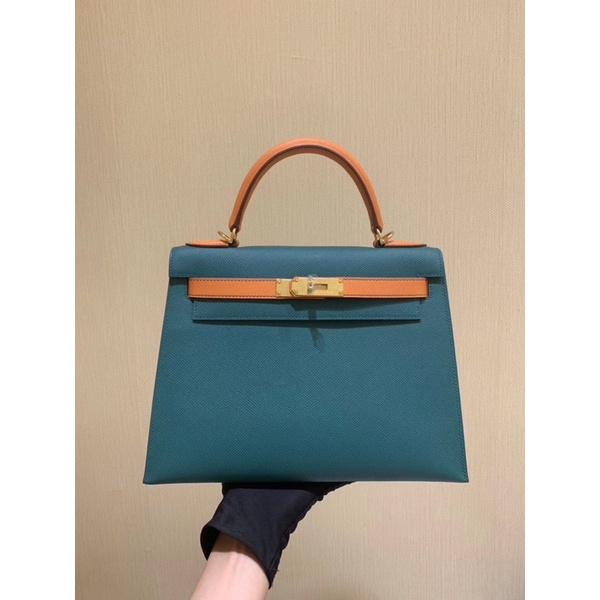 Túi xách nữ thương hiệu Hermes Kelly 28 da thật cao cấp màu xanh phối cam