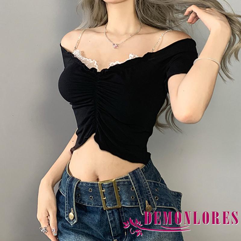 Áo Thun Tay Ngắn Cổ Chữ V Phối Ren Dáng Ôm Thời Trang Cho Nữ