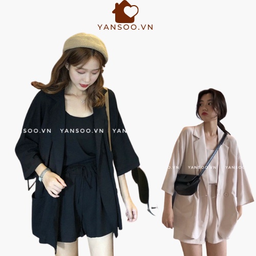 Sét vest nữ 3 món , Áo blazer tay lỡ mic quần sóc có tặng kèm áo hai dây YANSOO