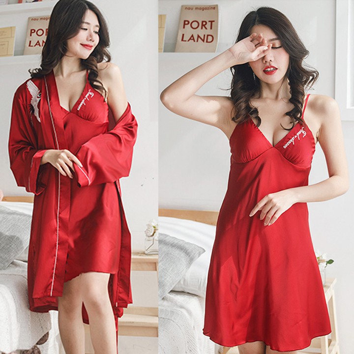 Set váy ngủ kèm áo choàng lụa cao cấp