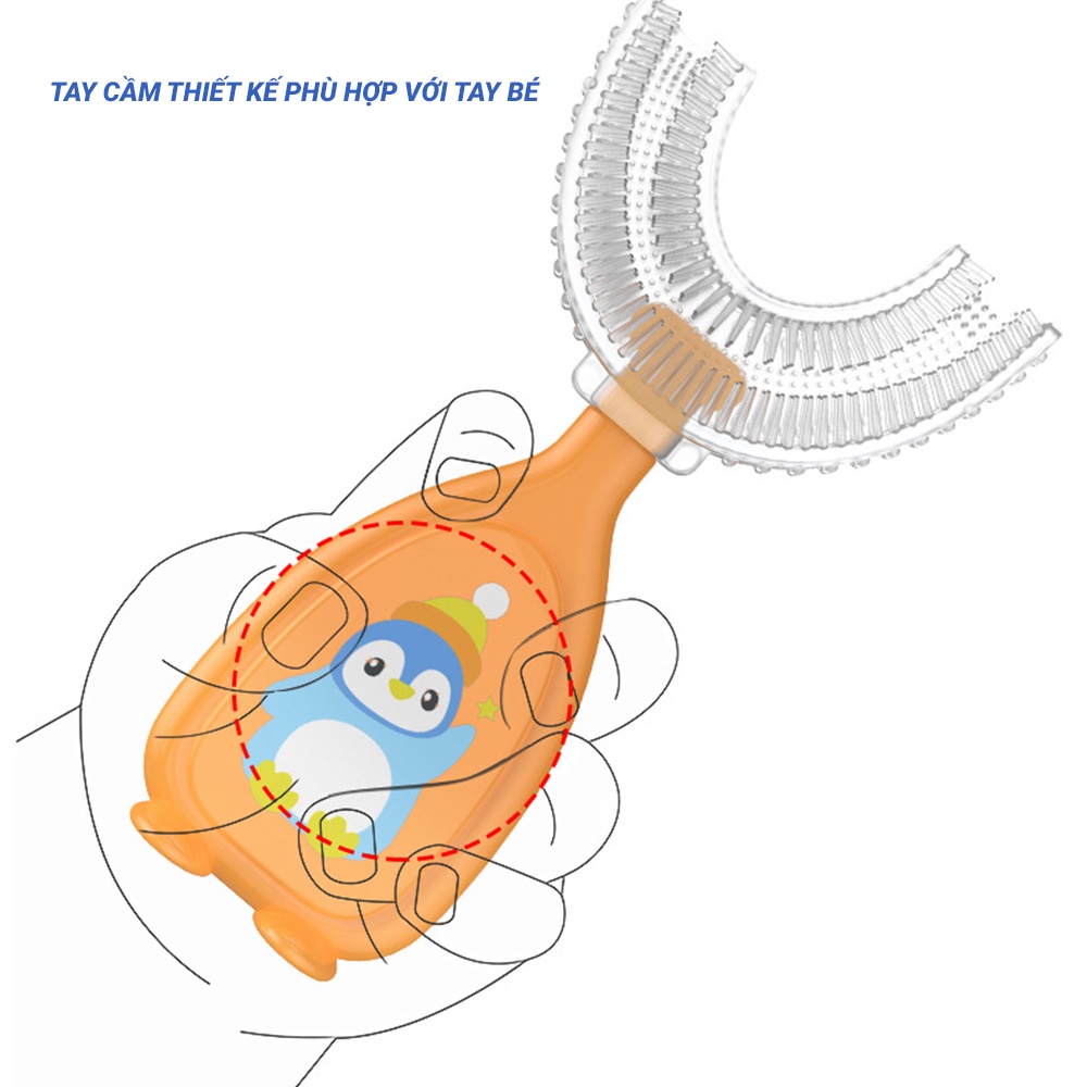 Bàn chải chữ U chim cánh cụt đánh răng cho bé hình làm từ silicon mềm họa tiết (cho bé từ 2 đến 12 tuổi)