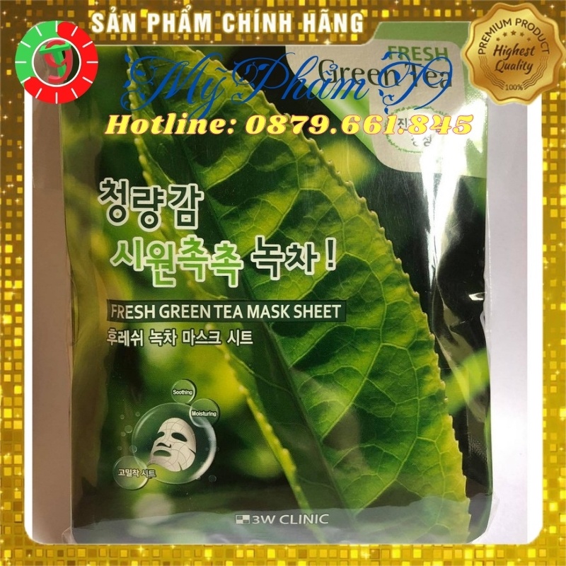 30 Mặt nạ giấy dưỡng da làm trắng và cấp ẩm chăm sóc da thiên nhiên trà xanh 3W Clinic Fresh Green Tea Mask Sheet